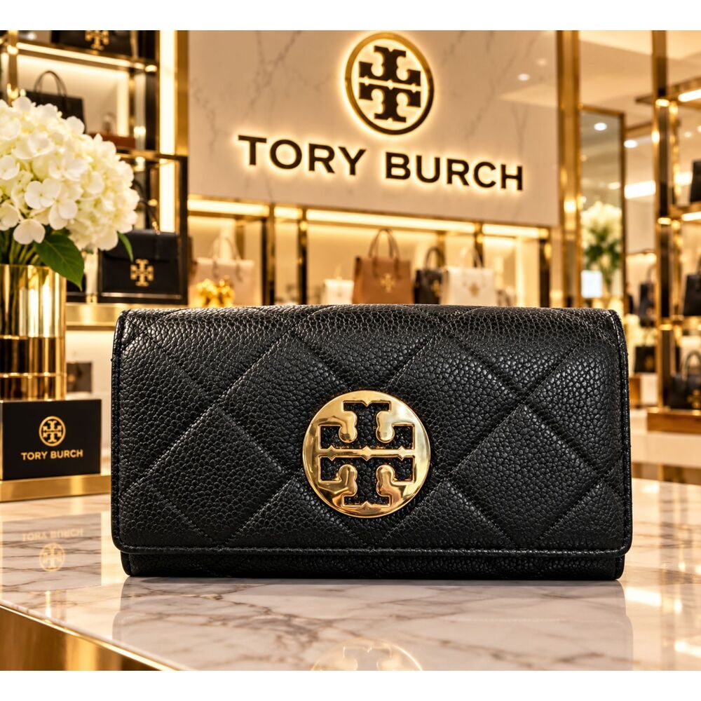 Tory Burch Black Quilted Leather Double T Logo Wallet Gold Hardware EUC
